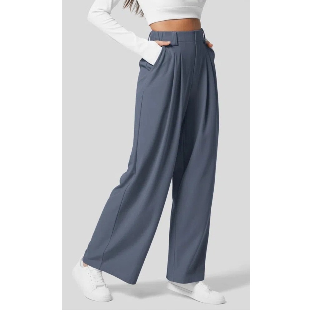 Halara‎ High Waisted Wide Leg Waffle Work Pants Grisaille Blue Grey small Tall